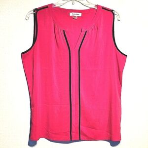 Calvin Klein Fuschia Sleeveless Splitneck Blouse Black Contrast Trim Sz Large